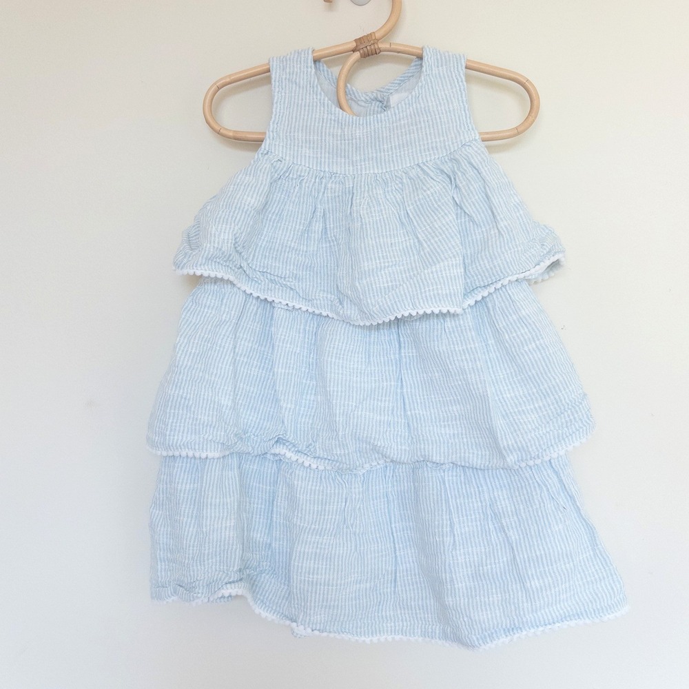 Poppet & Fox Tiered Ruffle Dress Blue White Striped Muslin Cotton Kids Size 4
